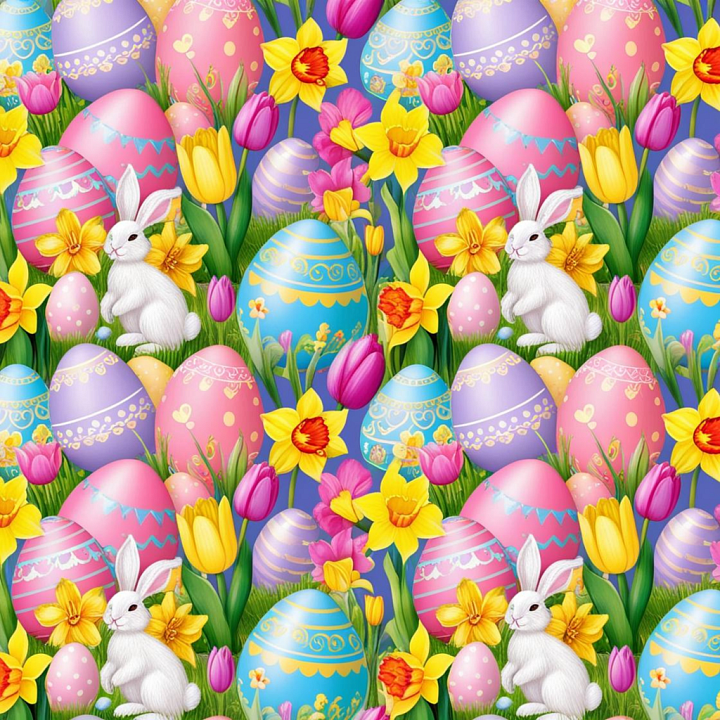 Featuring Colorful Easter Eggs, Tulips & Bunnies seamless PBR texture preview