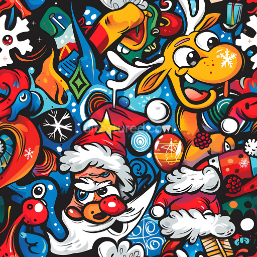 Seamless 3D PBR Texture of Colorful Festive Christmas Graffiti Mural