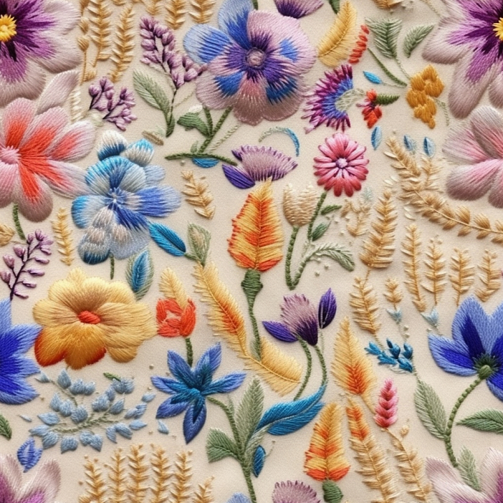 Embroidered Floral Fabric with Multicolor Thread Detailing seamless PBR texture preview