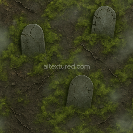 Seamless 3d texture pbr 8k graveyard soil with moss green and foggy mist accents