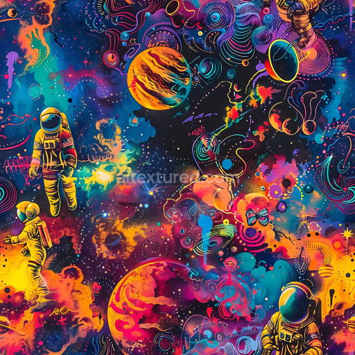 Seamless 3D PBR Texture Featuring Vibrant Cosmic Graffiti with Astronauts and Planets