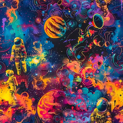 Seamless 3D PBR Texture Featuring Vibrant Cosmic Graffiti with Astronauts and Planets texture preview