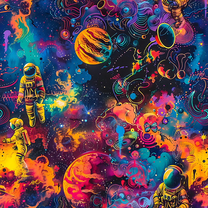 Featuring Vibrant Cosmic Graffiti with Astronauts and Planets seamless PBR texture preview