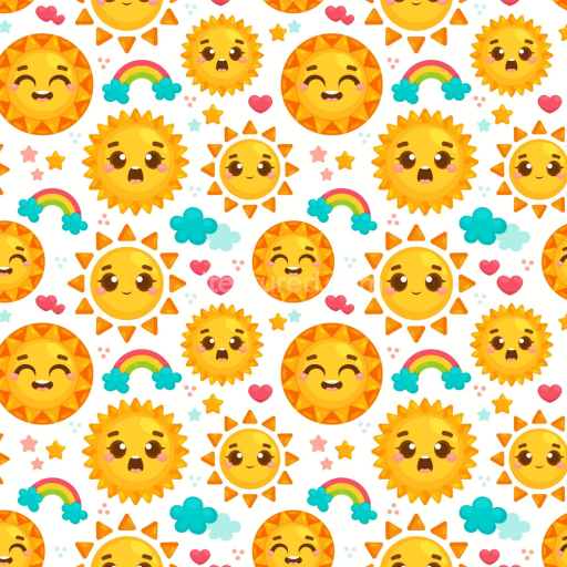 Seamless 3D PBR texture with colorful happy sun faces and rainbow icons