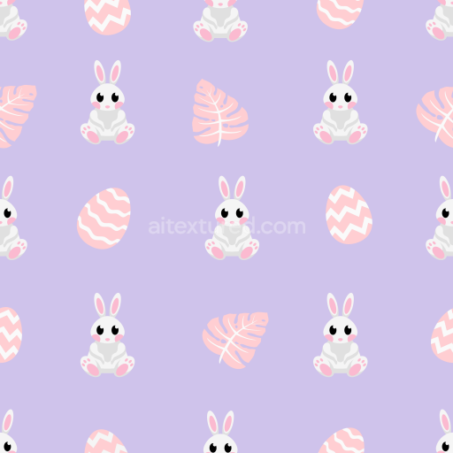 Seamless 3D PBR Texture Featuring Cute Bunny, Easter Eggs, and Pink Leaves on Lavender