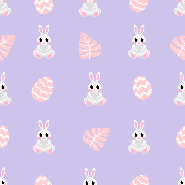 Featuring Cute Bunny, Easter Eggs, and Pink Leaves on Lavender seamless PBR texture preview