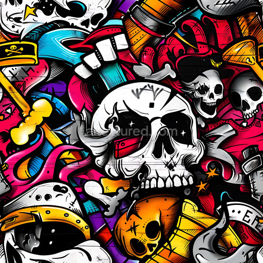 Seamless 3D PBR Texture Featuring Vibrant Graffiti Skulls and Urban Street Art