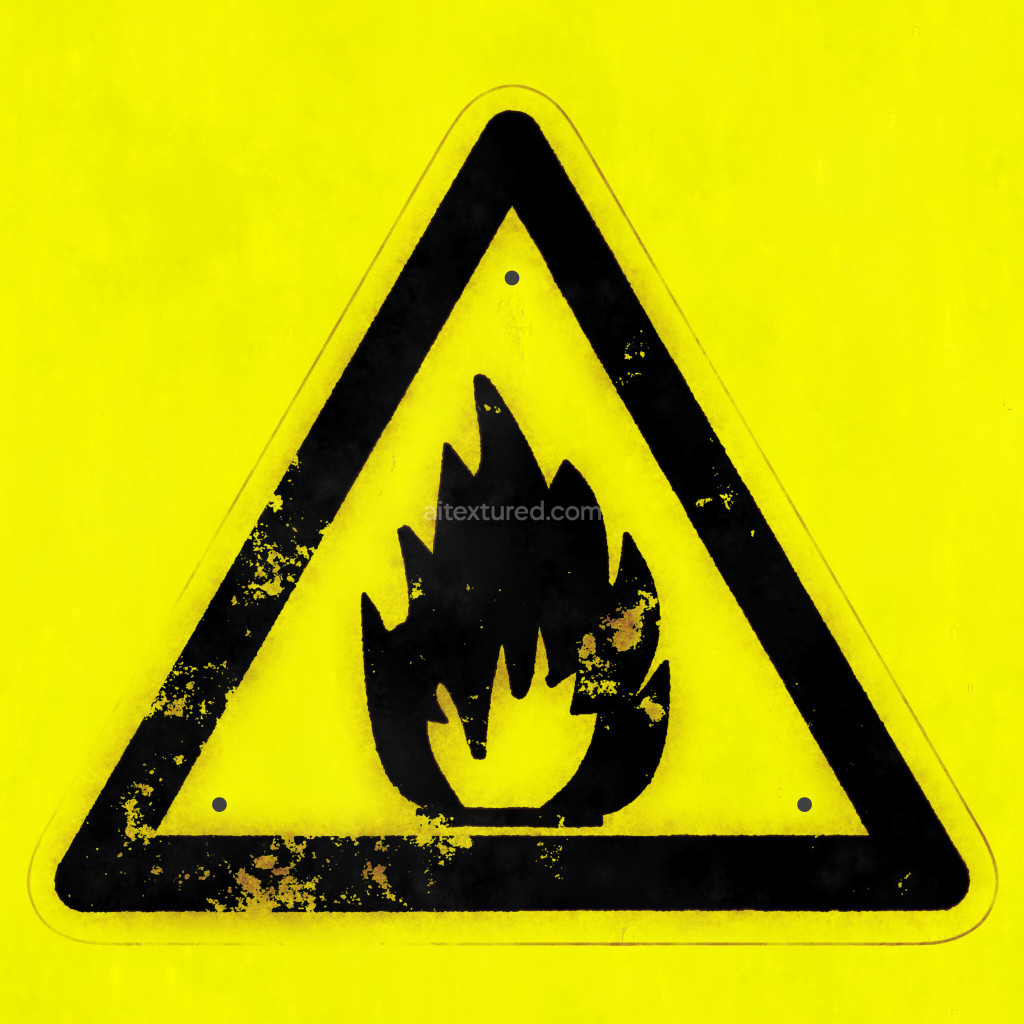 Seamless PBR texture of a warning sign with a flame symbol