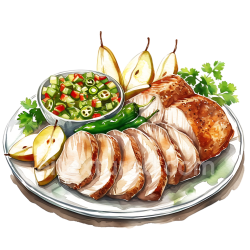 seamless Breakfast Platter with Roast Pork, Fresh Pears, and Spicy Salsa Illustration texture 8k free download PBR