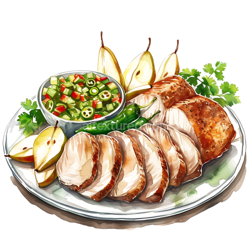 Breakfast Platter with Roast Pork, Fresh Pears, and Spicy Salsa Illustration