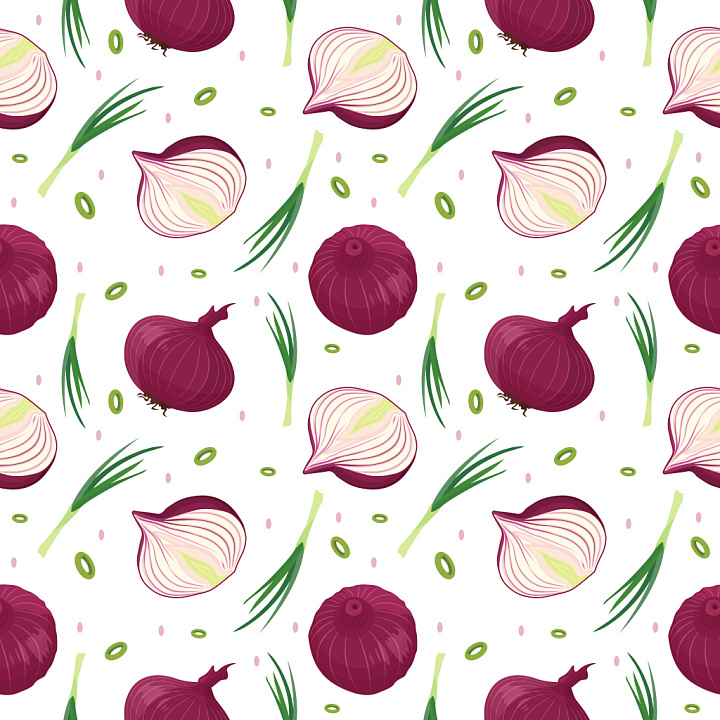 Pattern with Red Onion Motifs and Fresh Green Sprigs seamless PBR texture preview