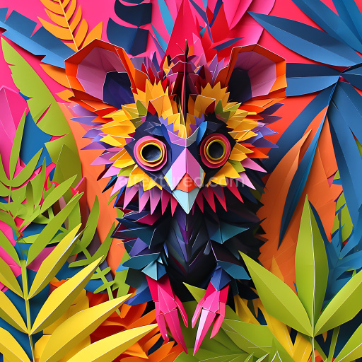 Seamless 3D PBR Texture of Vibrant Origami-Style Aye-aye with Layered Paper Feathers
