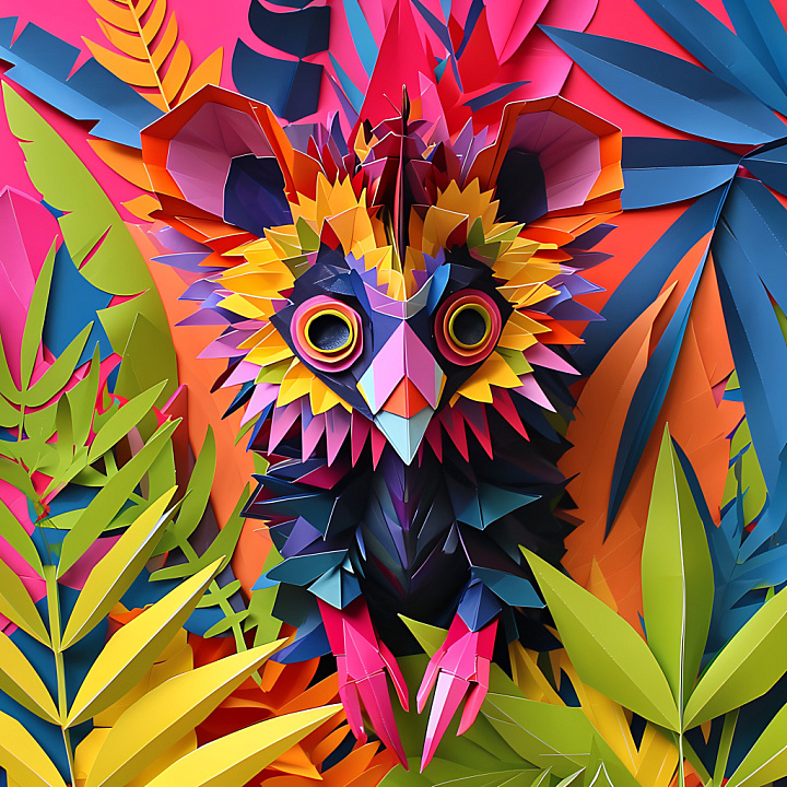 Animal of Vibrant Origami-Style Aye-aye with Layered Paper Feathers seamless PBR texture preview
