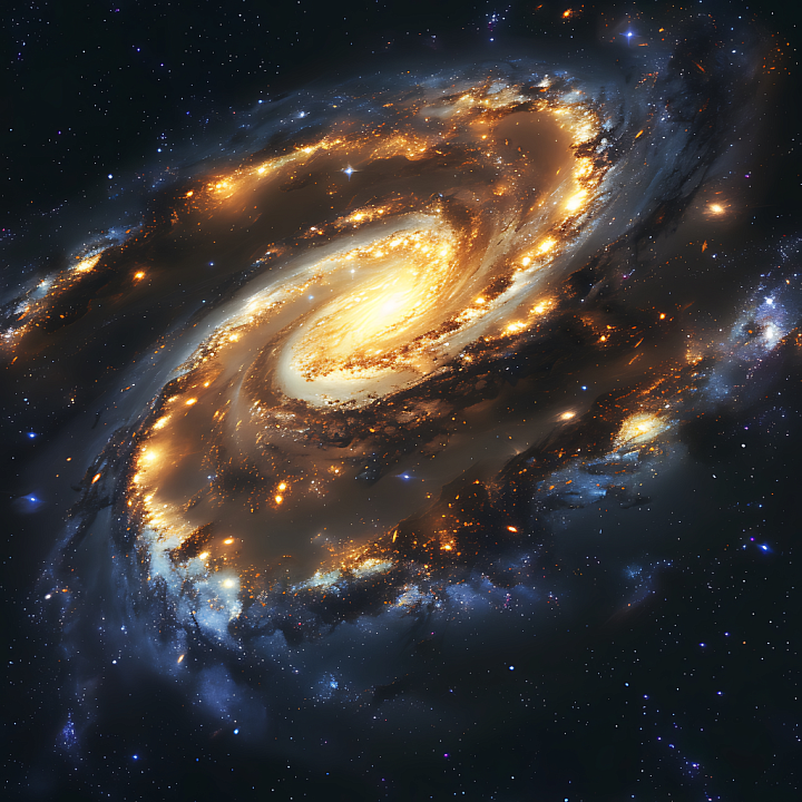 Spiral Galaxy Space with Bright Yellow-Orange Core and Star Clusters seamless PBR texture preview