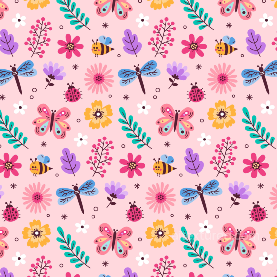 with Colorful Cartoon Dragonflies, Bees, Ladybugs, and Flowers Dragonfly texture preview
