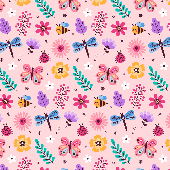 with Colorful Cartoon Dragonflies, Bees, Ladybugs, and Flowers seamless PBR texture preview