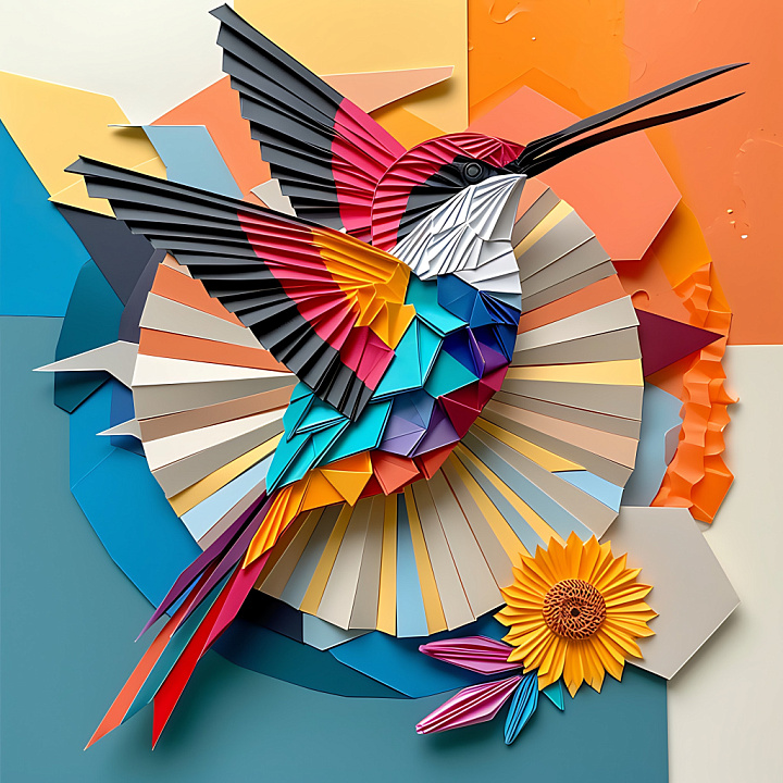 Animal of Vibrant Origami Hummingbird with Geometric Paper Layers seamless PBR texture preview