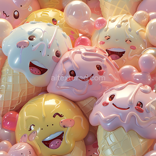 Seamless 3D Inflated PBR Texture Featuring Cute Cartoon Ice Cream Cones