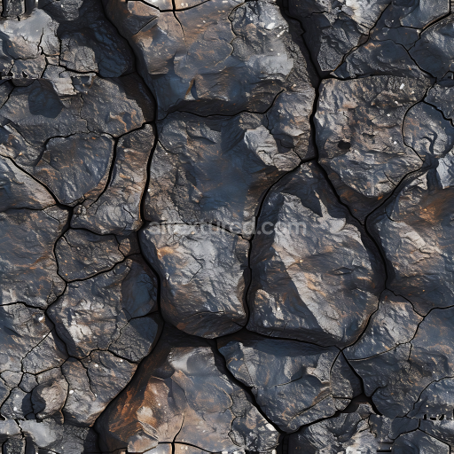 Seamless 3D PBR Texture of Cracked Volcanic Rock Ground with Charcoal Black and Rust Brown Hues