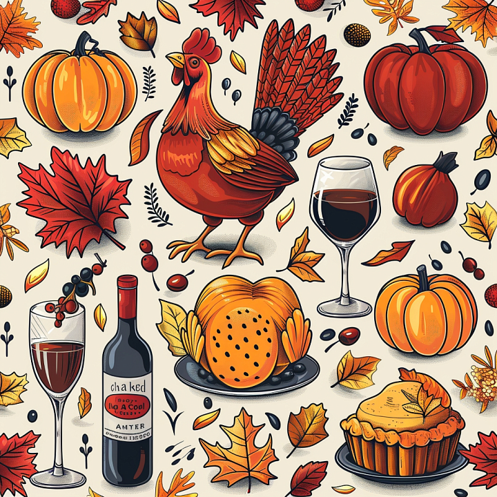 Thanksgiving Pattern with Rooster, Pumpkins and Autumn Leaves seamless PBR texture preview
