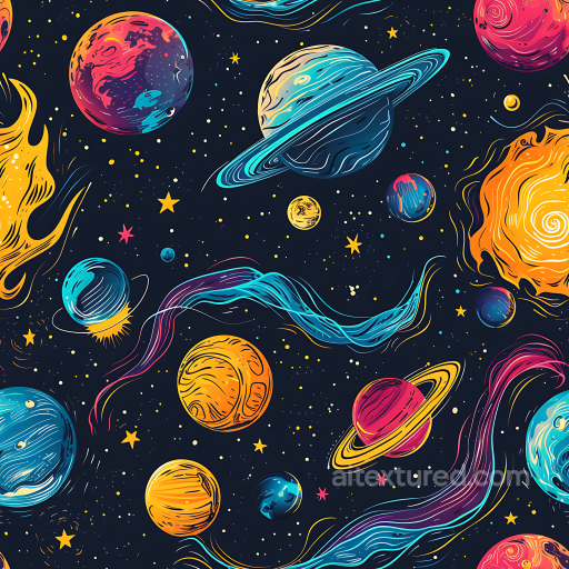 Space PBR Texture with Stylized Colorful Planets & Cosmic Streams seamless Star, space, planets PBR texture