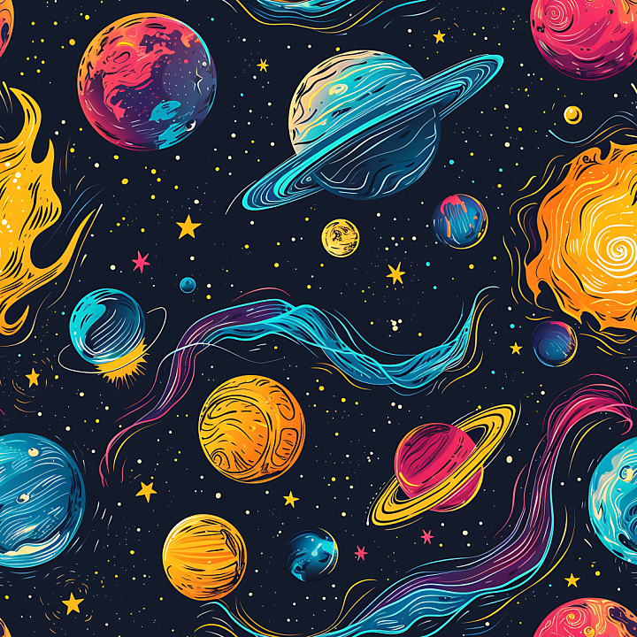 Space with Stylized Colorful Planets & Cosmic Streams seamless PBR texture preview