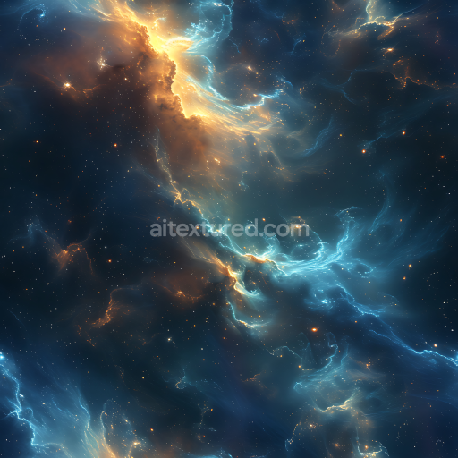 Seamless 3D Space PBR Texture Featuring Luminous Nebula Clouds in Blue and Gold