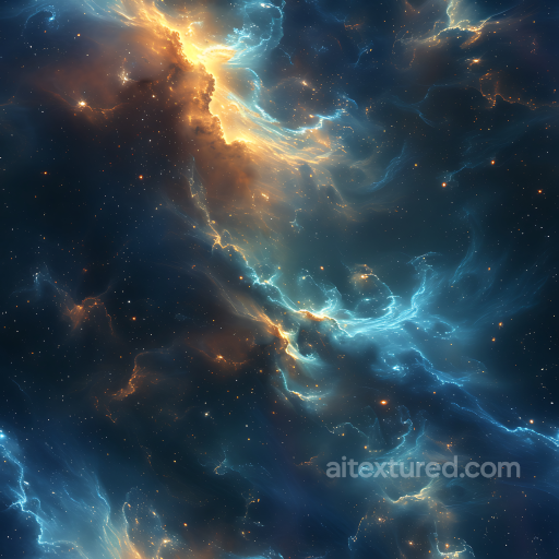 Space PBR Texture Featuring Luminous Nebula Clouds in Blue and Gold seamless Star, space, planets PBR texture