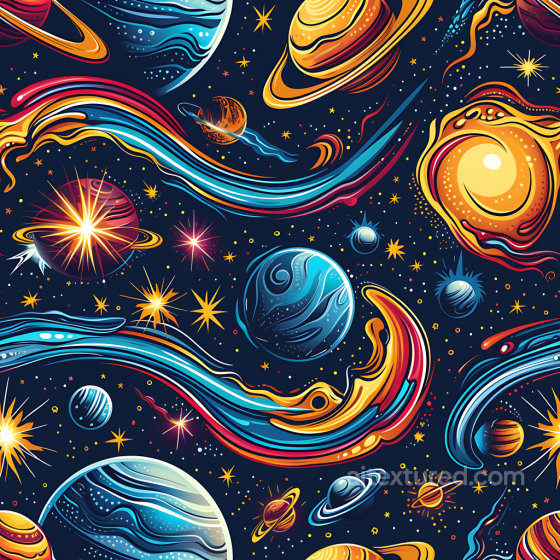 Space PBR Texture Featuring Vibrant Stylized Galaxies, Planets, and Cosmic Streams Star, space, planets texture preview