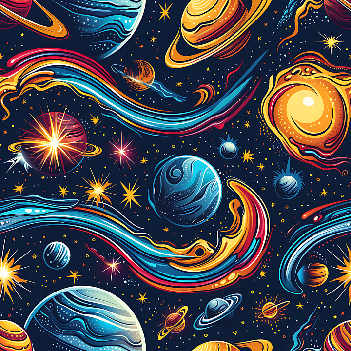 Space Featuring Vibrant Stylized Galaxies, Planets, and Cosmic Streams seamless PBR texture preview
