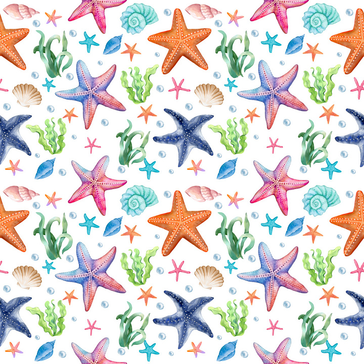 with Hand-Painted Watercolor Starfish and Marine Motifs seamless PBR texture preview