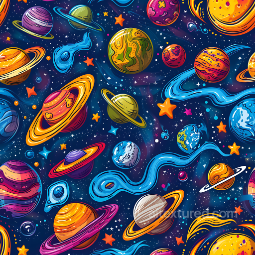 Space PBR Texture with Colorful Cartoon Planets and Cosmic Elements seamless Star, space, planets PBR texture