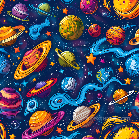 Space PBR Texture with Colorful Cartoon Planets and Cosmic Elements Star, space, planets texture preview