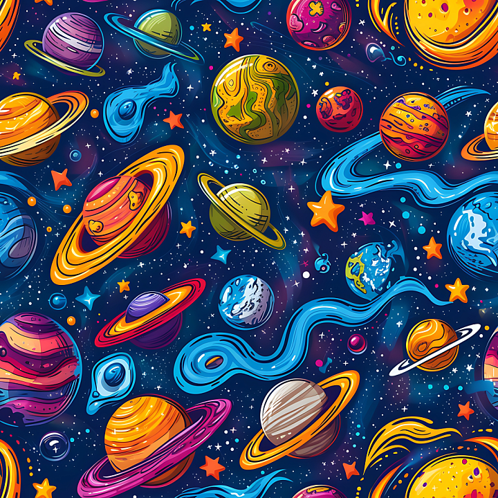 Space with Colorful Cartoon Planets and Cosmic Elements seamless PBR texture preview