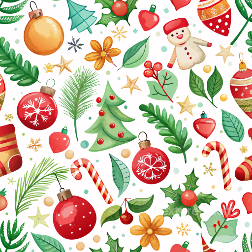 Watercolor Christmas Pattern Texture with Festive Ornaments seamless Watercolor Christmas PBR texture