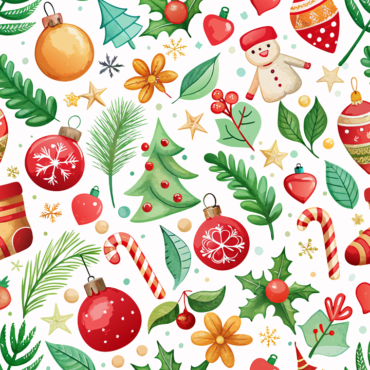 Watercolor Christmas Pattern with Festive Ornaments seamless PBR texture preview