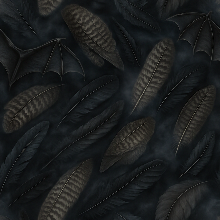Bats Wings With Owl Feathers And Raven Feathers In Dark Fog seamless PBR texture preview