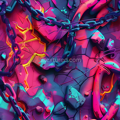 Seamless 3D PBR Texture with Vibrant Neon Graffiti and Chains