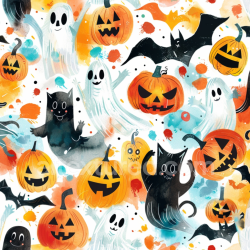 seamless Seamless 3D PBR Texture with Watercolor Halloween Pumpkins, Ghosts, and Bats texture 8k free download PBR