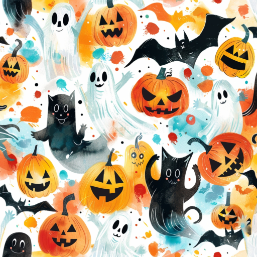 Seamless 3D PBR Texture with Watercolor Halloween Pumpkins, Ghosts, and Bats