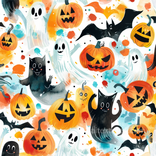 with Watercolor Halloween Pumpkins, Ghosts, and Bats seamless Watercolor Halloween PBR texture