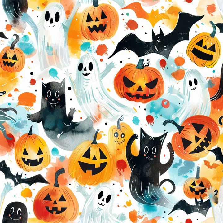 with Watercolor Halloween Pumpkins, Ghosts, and Bats seamless PBR texture preview