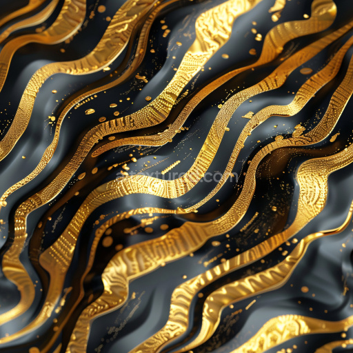 Seamless 3D PBR Glossy Black Surface with Gold Intricate Wavy Patterns Texture