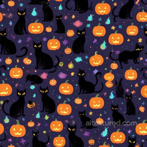 Watercolor Halloween Texture with Black Cats and Jack-o'-Lanterns seamless Watercolor Halloween PBR texture