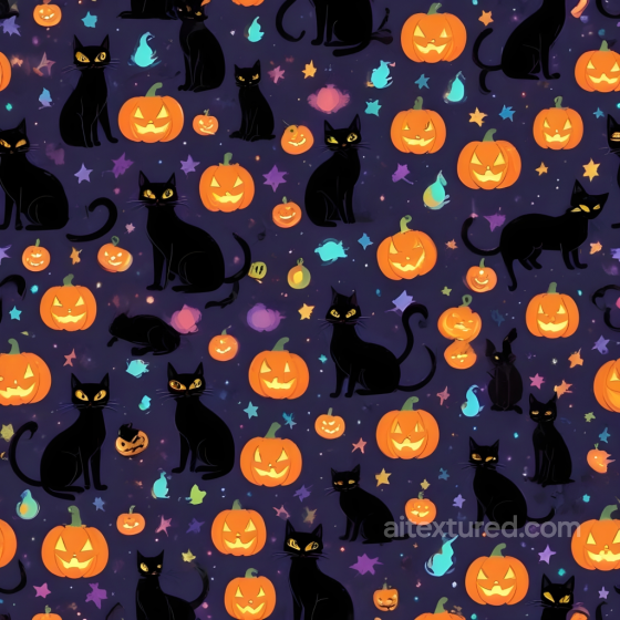 Watercolor Halloween Texture with Black Cats and Jack-o'-Lanterns Watercolor Halloween texture preview