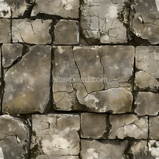 Seamless 3D Weathered Stone Wall PBR Texture with Cracks and Mossy Erosion