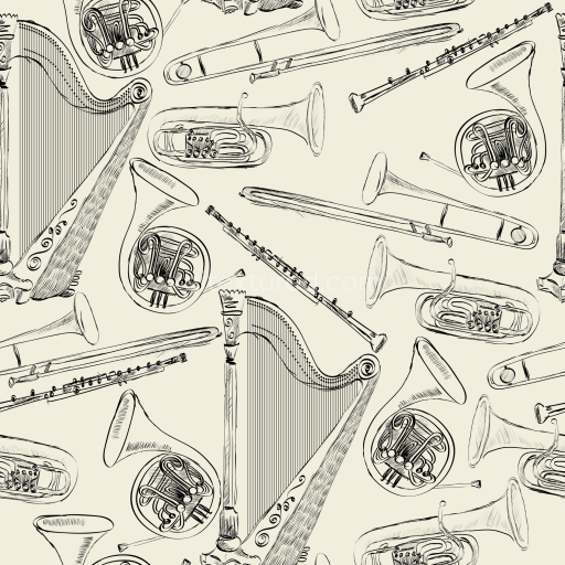 Seamless 3D PBR Texture Featuring Vintage Musical Instruments Sketch Pattern