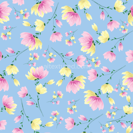 Seamless 3D PBR Floral Fabric Texture with Pink and Yellow Flowers on Blue Background