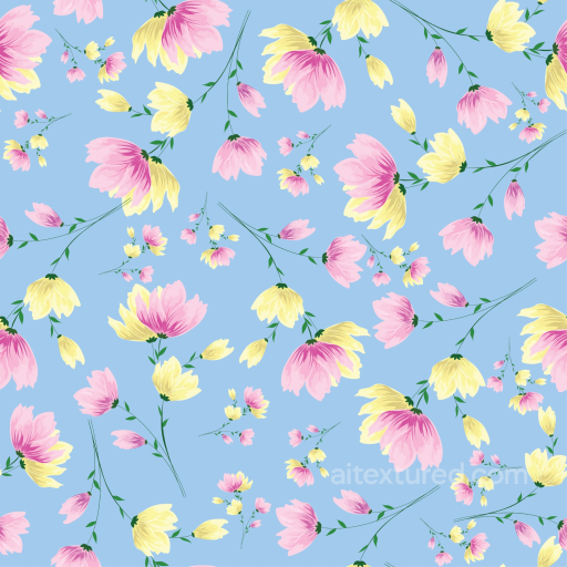 Floral Fabric Texture with Pink and Yellow Flowers on Blue Background seamless Floral PBR texture