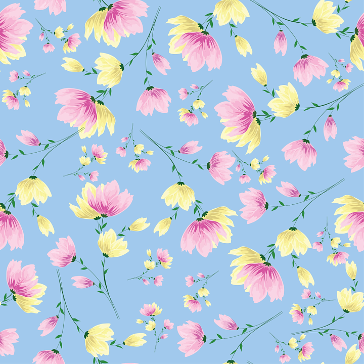 Floral Fabric with Pink and Yellow Flowers on Blue Background seamless PBR texture preview